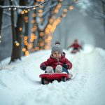 Kid is sledding down snow hill, child is having fun during New Year holidays, Christmas tree background. AI-generated