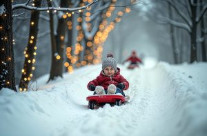 Kid is sledding down snow hill, child is having fun during New Year holidays, Christmas tree background. AI-generated