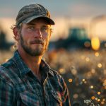 A man standing in front of a tractor in a field. AI generative.