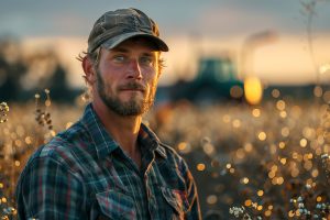 A man standing in front of a tractor in a field. AI generative.