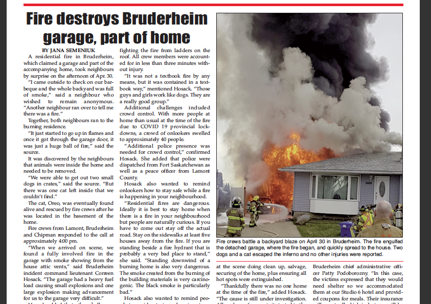 Fire damages Bruderheim home – read this week’s LEADER right now!