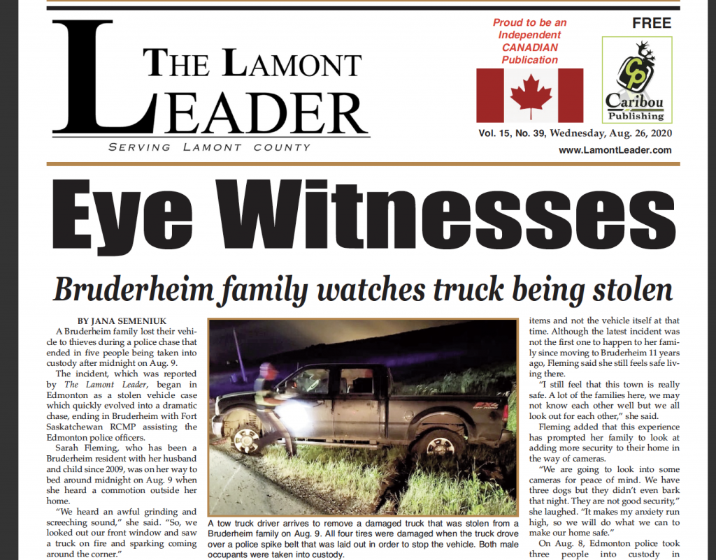 Eye Witnesses: Bruderheim family watches truck being stolen – grab a copy of this week’s LEADER or read online NOW!