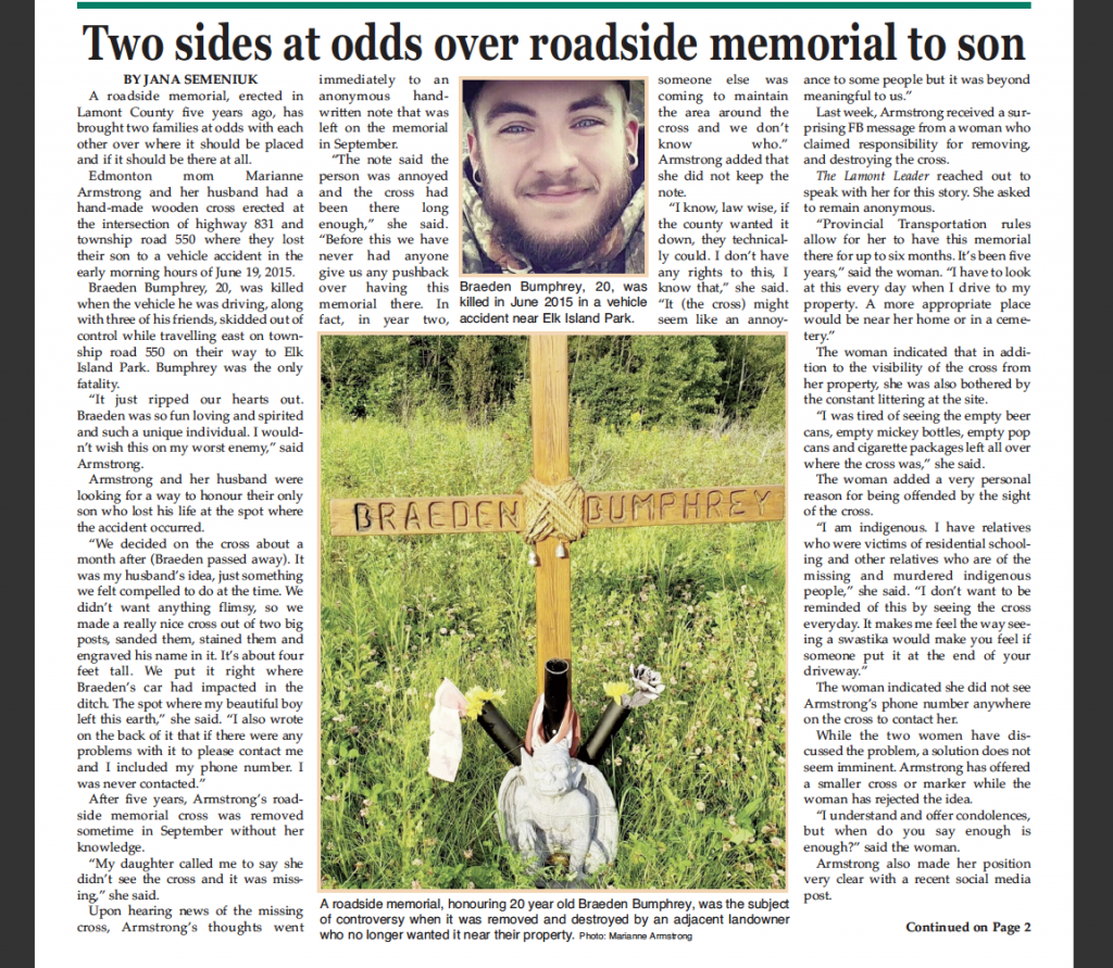 Two sides at odds over roadside memorial to son – read the Oct 28 paper now!