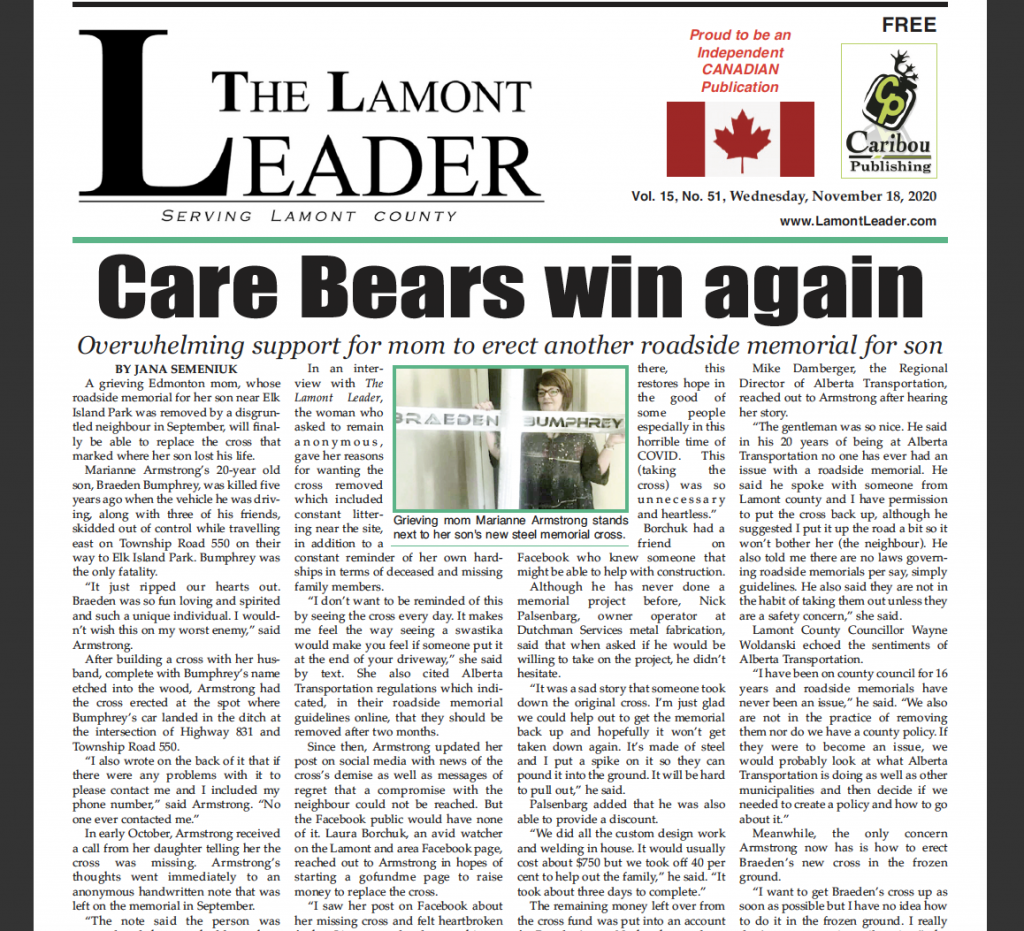 Overwhelming support for mom to erect another roadside memorial for son – read this week’s LEADER now: