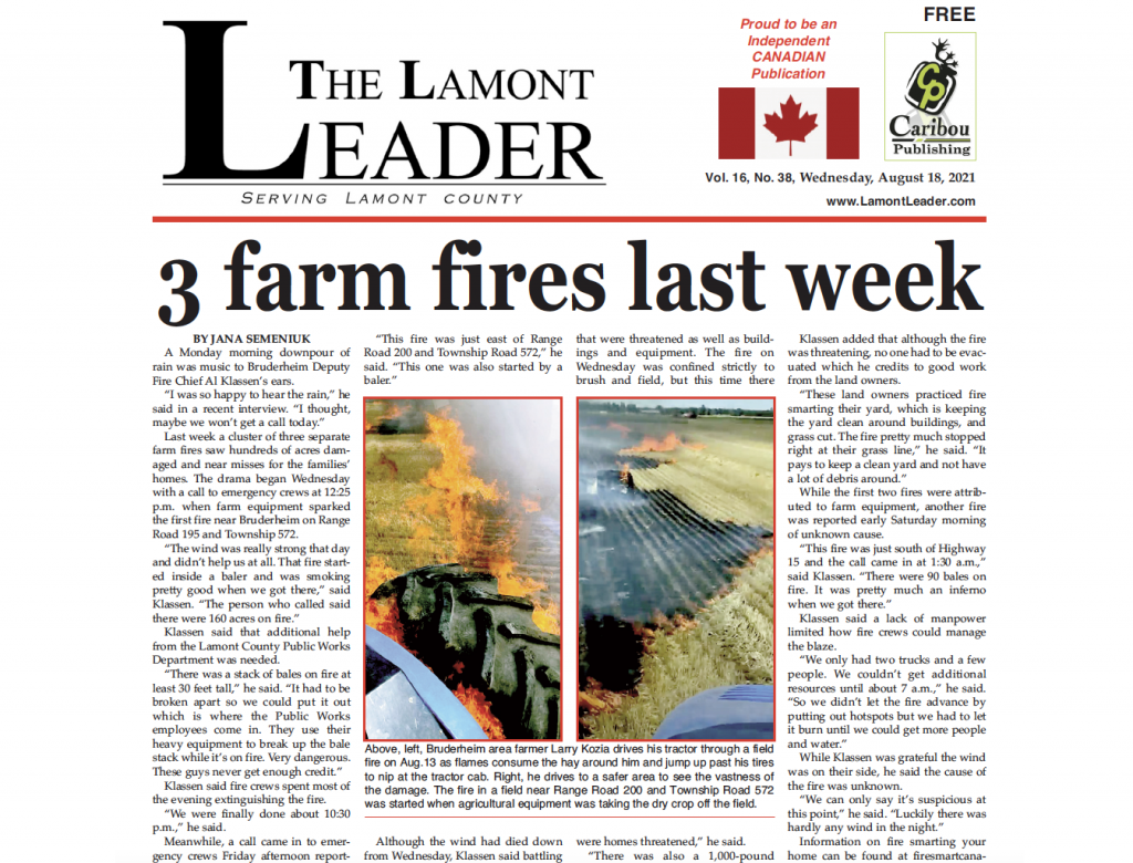 3 farm fires – read the August 18 Leader now!