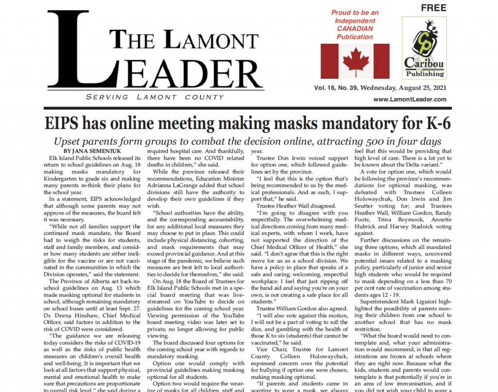 EIPS has online meeting making masks mandatory for K-6 – read this week’s LEADER