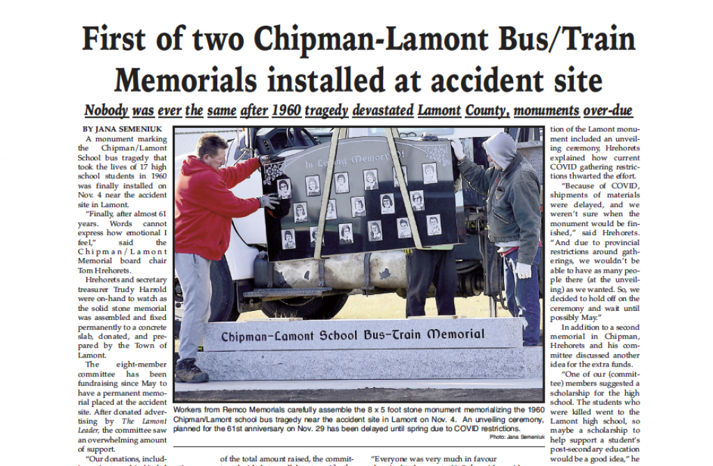 First of 2 Chipman-Lamont Bus/Train memorials installed – read this week’s LEADER!