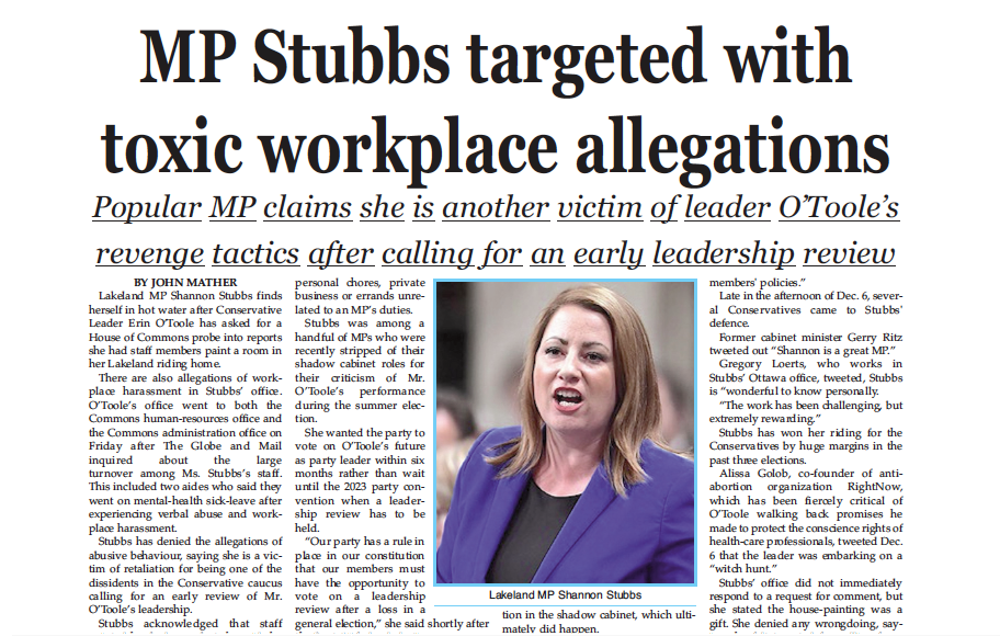 Stubbs targeted with allegations; says she is victim of O’Toole revenge tactics // Read the latest LEADER now!