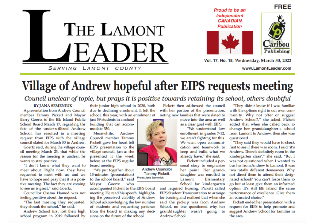 Village of Andrew hopeful after EIPS requests meeting – this week’s LEADER is out now!