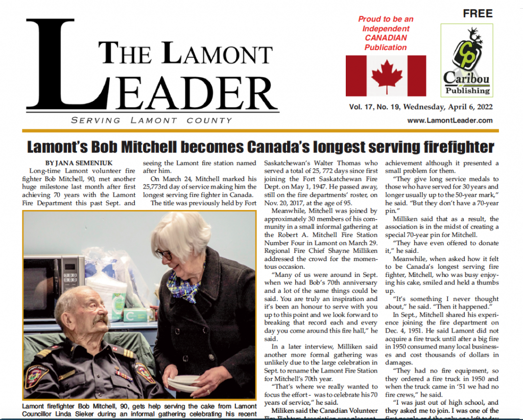 Lamont’s Bob Mitchell becomes Canada’s longest serving firefighter – this week’s LEADER is out now!