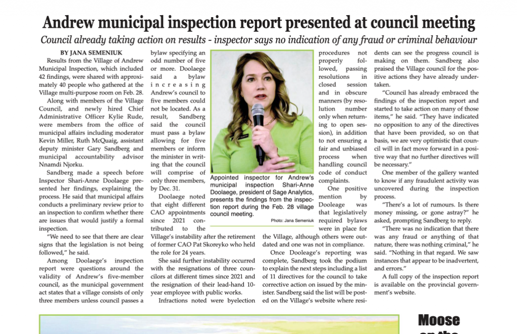 Andrew municipal inspection report presented at council – check out the LEADER!