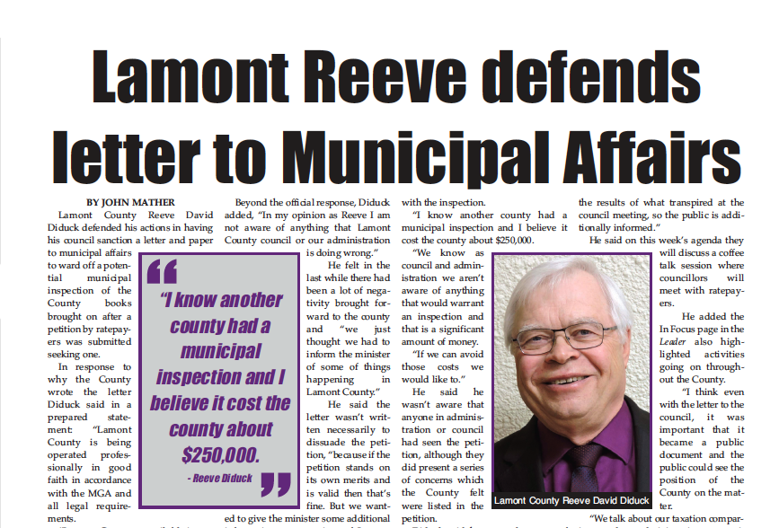 Lamont Reeve defends letter to Municipal Affairs – read this week’s LEADER