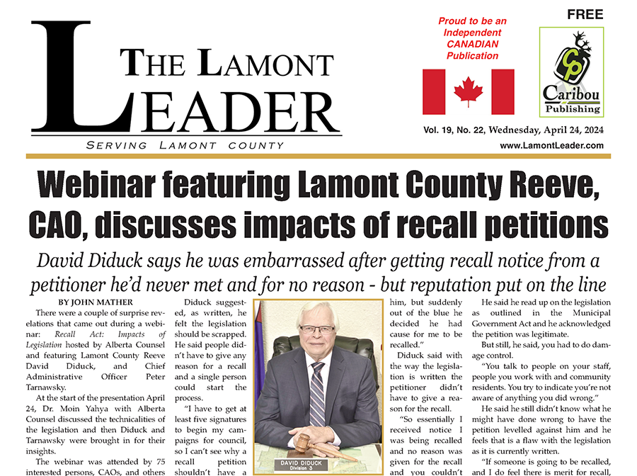 Webinar featuring Lamont County Reeve, CAO, discusses impacts of recall petitions – read the April 24 LEADER