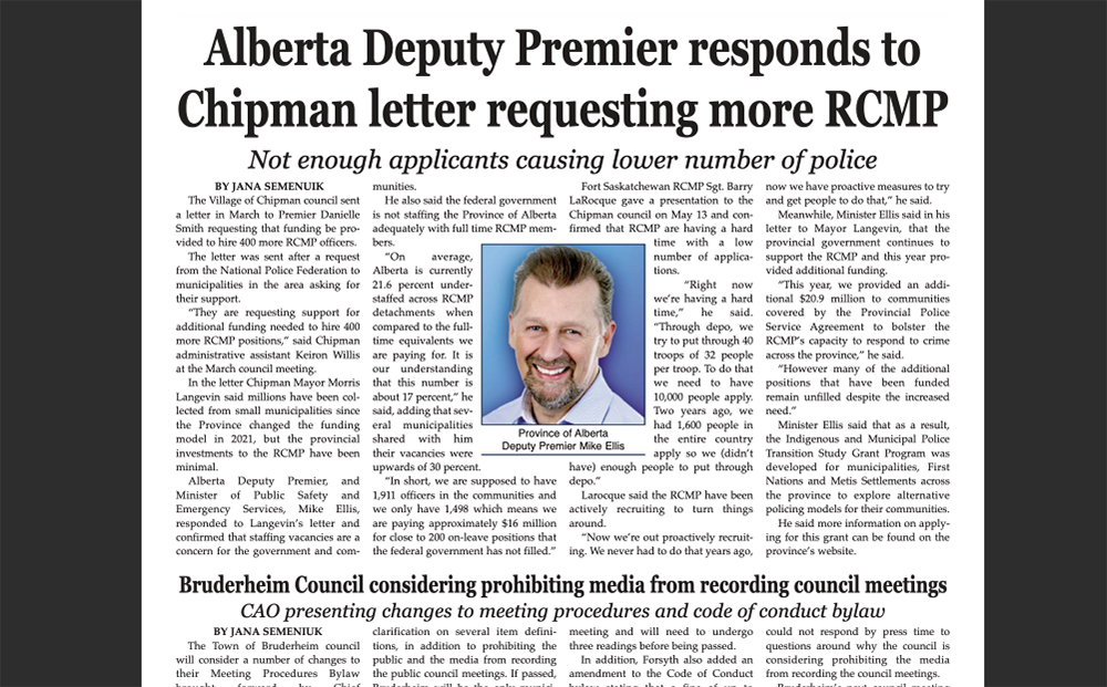 Alberta Deputy Premier responds to Chipman letter; Bruderheim council looks to ban media recording – read this week’s LEADER: