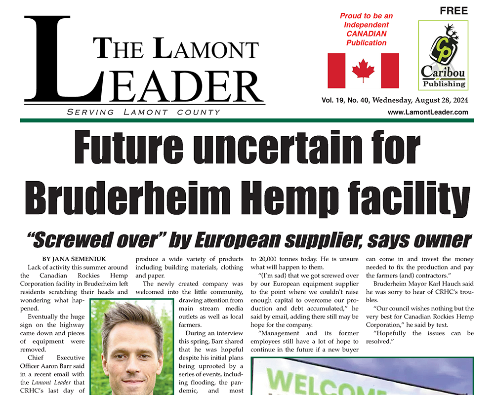 Future uncertain for Bruderheim Hemp facility – the August 28 LEADER is out now!